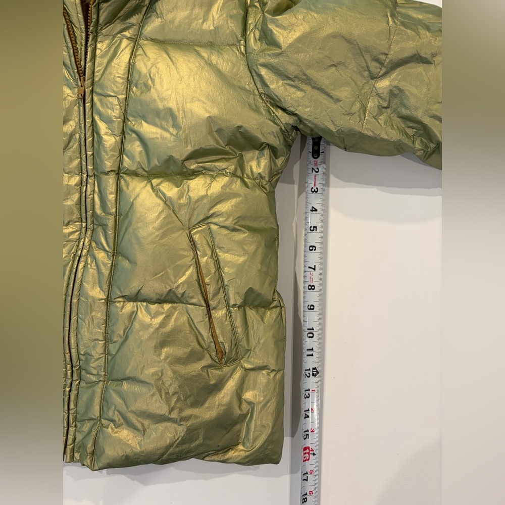 The Limited Down Puffer Liquid Green Gold Metallic Shimmer Jacket Fur Hood - Picture 4 of 16
